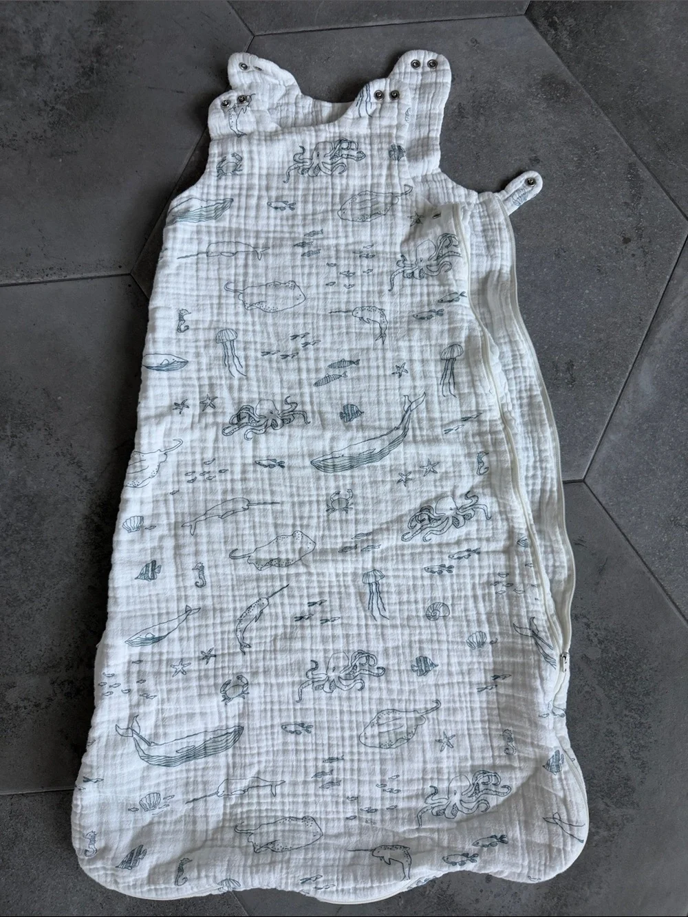 Pehr 9-18M Muslin Sleep Sack in White - Life Aquatic Print 1.0 TOG